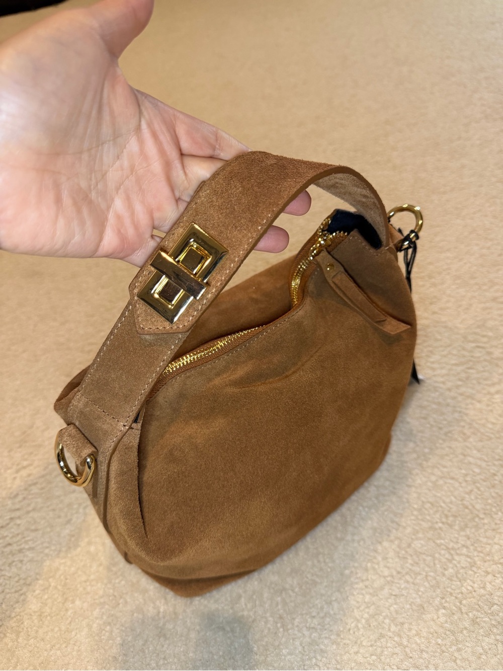 Claudia Firenze Suede Tan Shoulder Bag with Gold Hardware